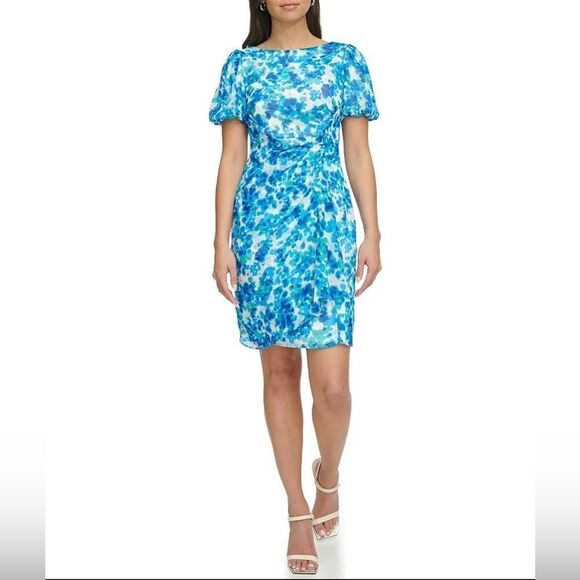 DKNY Chiffon Boat Neck Mini Puff Sleeve Drape Sheath Dress Size 16 - Picture 1 of 4